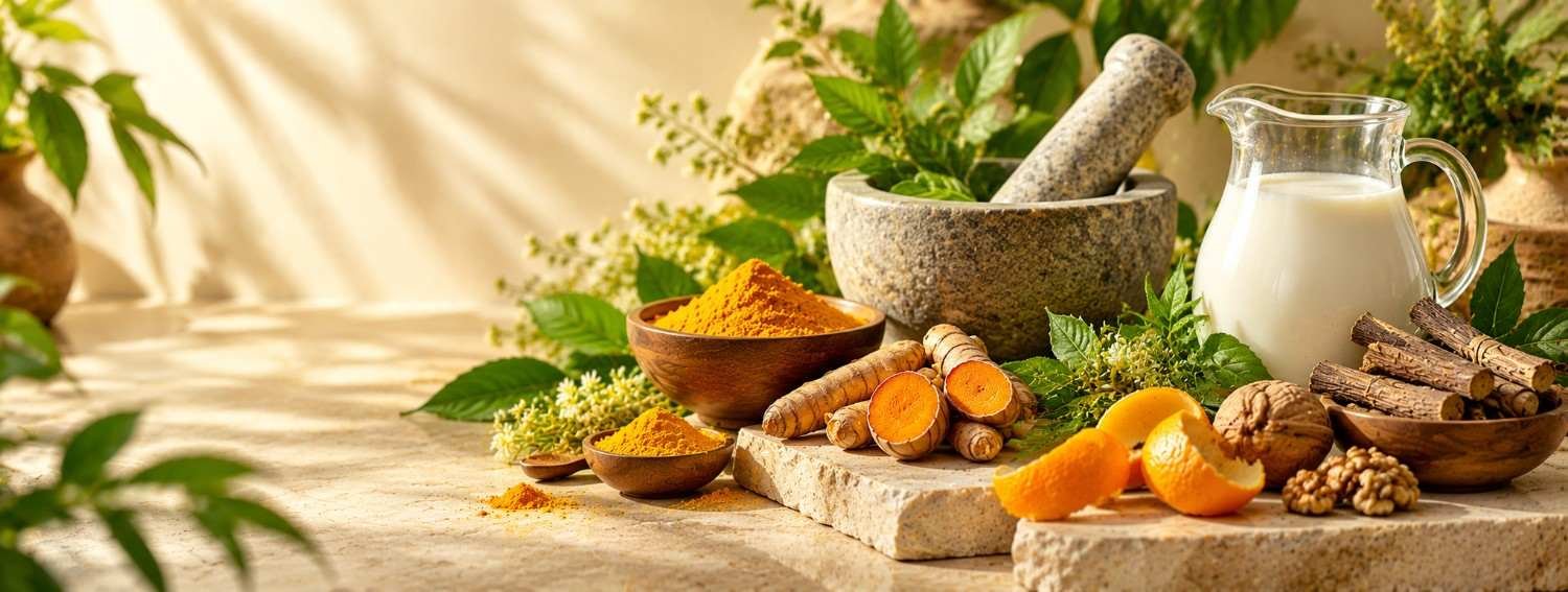 Turmeric, herbs and a stone mortar