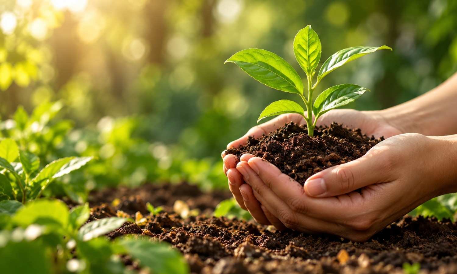Hands holding a young plant in soil
